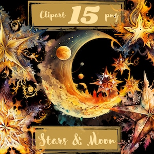 Sterren clipart, nachtelijke hemel clipart, hemelse clipart, maan clipart, goud folie sterren. Scrapbooking-png. Digitale aquarel Gratis commercieel gebruik