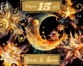 Watercolor Stars and Moon Clipart, Celestial Night Sky (PNG Digital Download)