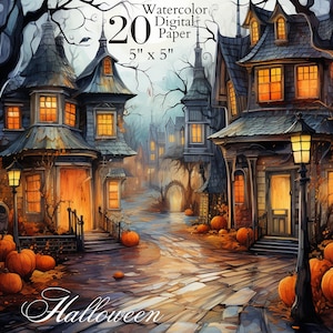 Halloween digitaal papier, herfststraat, herfst, patroon. Aquarel digitaal papier. Gratis commercieel gebruik. Scrapbook, Junk Journal, Papierambachten