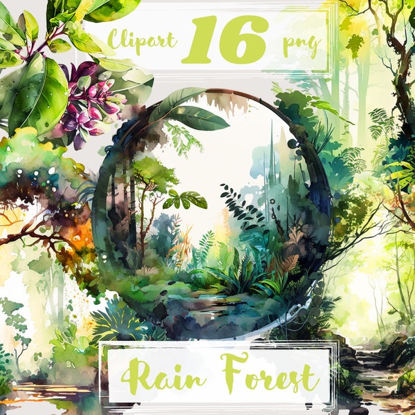 Rain Forest clipart, wood clip art, png. Digital watercolor. Free commercial use. Summer misty landscape. Trees Greenery Foggy Backgrounds