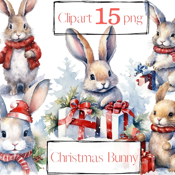Christmas Bunny clipart. Rabbit clipart. Winter clipart, Kid, children, png, book illustration, free commercial use. Digital watercolor