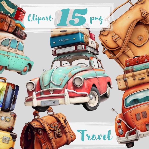 Traveling clipart, suitcase clip art, png. Digital watercolor. Free commercial use, scrapbooking. Journey, vacation, travel illustration.