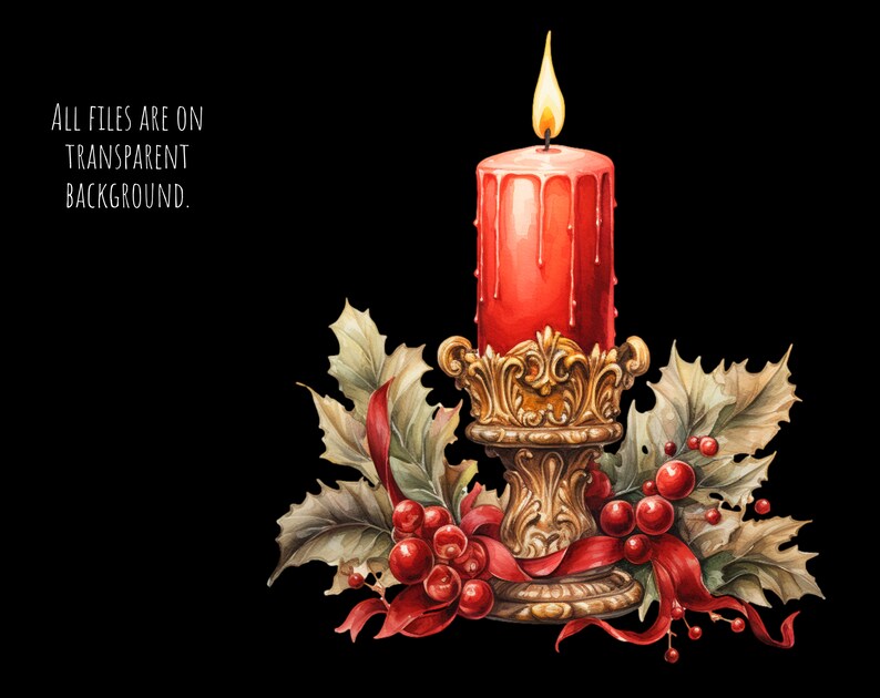 Red Christmas Candle Clipart, Floral Watercolor PNG (commercial Use) - Etsy