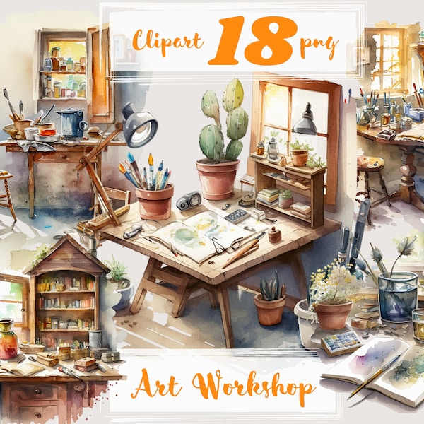 Art workshop clipart, artist's workshop, drawing studio, brushes and paints, cozy interior. Digital watercolor. png. Free commercial use.