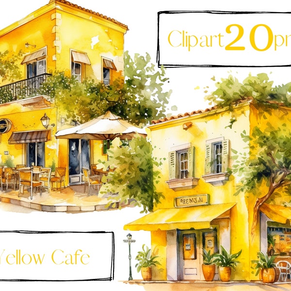Yellow Coffee shop clipart, cafe clip art, png. Digital watercolor. Free commercial use, scrapbooking. Romantic summer cafe illustration.