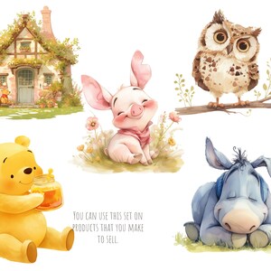 May include: A set of five cute cartoon illustrations featuring a pig, a donkey, an owl, a bear holding a jar of honey, and a small cottage with a green roof. The illustrations are painted in a watercolor style with soft colors.
