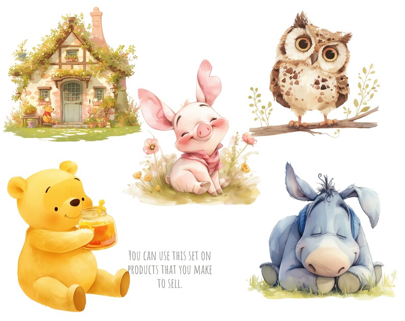 May include: A set of five cute cartoon illustrations featuring a pig, a donkey, an owl, a bear holding a jar of honey, and a small cottage with a green roof. The illustrations are painted in a watercolor style with soft colors.