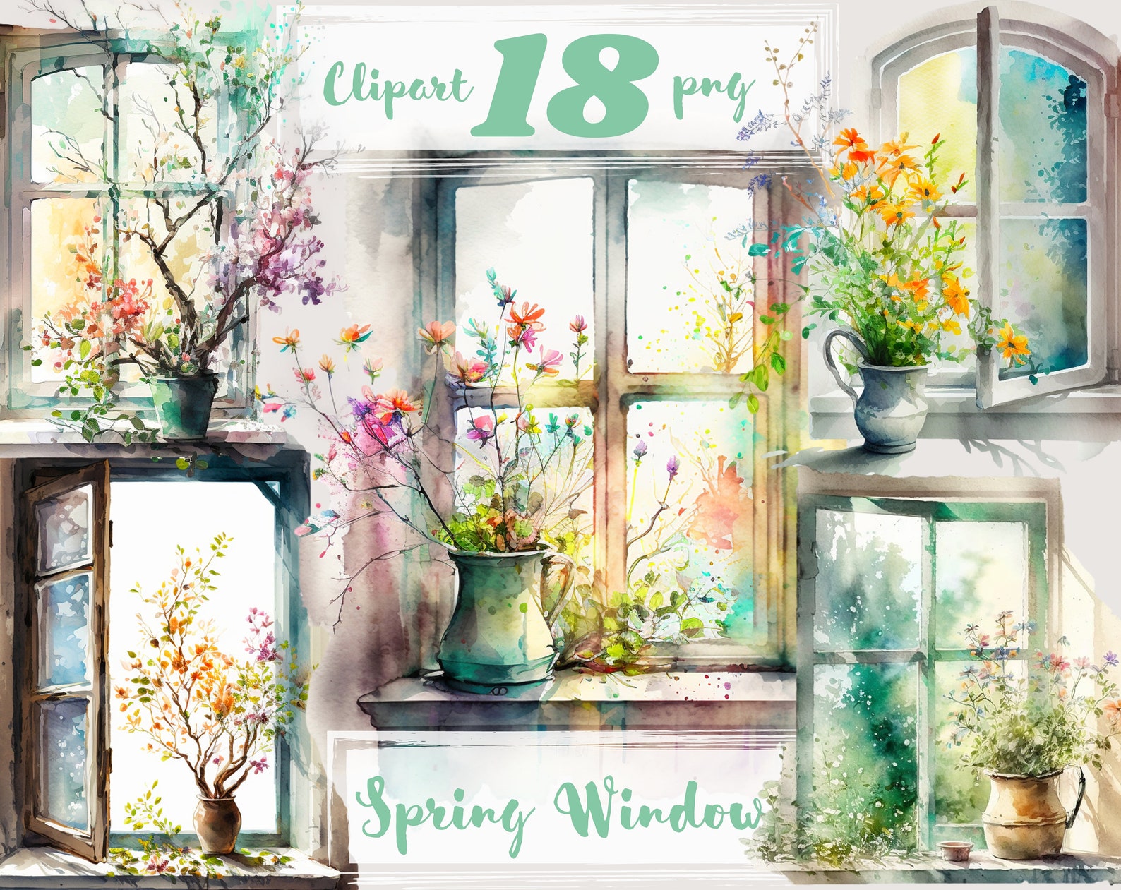 Window Clipart, Spring Windows Clip Art, Png. Digital Watercolor. Free ...