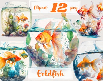 Goldfish Clipart, Digital watercolor.  Nautical Clipart. Aquarium clip art, Fish Clipart,  Sea animals. Sealife. Free commercial use. PNG