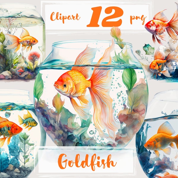 Goldfish Clipart, Digital watercolor.  Nautical Clipart. Aquarium clip art, Fish Clipart,  Sea animals. Sealife. Free commercial use. PNG