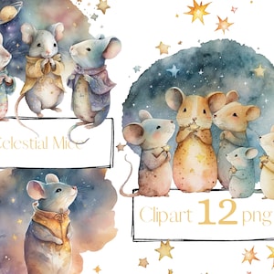 Clipart de Ratones Celestiales. imágenes prediseñadas de vivero. Imágenes prediseñadas de ratón, imágenes prediseñadas de niños, niños, png, ilustración, uso comercial gratuito. acuarela digital
