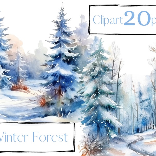 Winter Forest clipart, wood clip art, png. Digital watercolor. Free commercial use. Snowy misty forest landscape. Trees Foggy Backgrounds