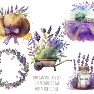 Puede incluir: Ilustraciones de acuarela de flores de lavanda en varios arreglos. Una corona de lavanda, un ramo de lavanda en una carretilla, un frasco de lavanda y un campo de lavanda con un sombrero de paja.