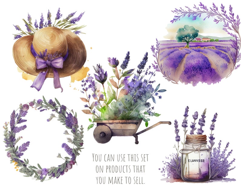 Puede incluir: Ilustraciones de acuarela de flores de lavanda en varios arreglos. Una corona de lavanda, un ramo de lavanda en una carretilla, un frasco de lavanda y un campo de lavanda con un sombrero de paja.