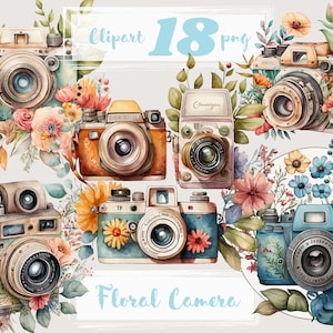 Aquarel Retro Camera's Clipart. Vintage clipart, retro illustraties, boho, png. Bloemen armoedige camera's. Digitale aquarel. Gratis commercieel gebruik