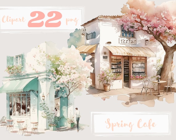 Spring Coffee shop clipart, cafe clip art, png. Digital watercolor. Free commercial use, scrapbooking. Romantic french cafe illustration.
