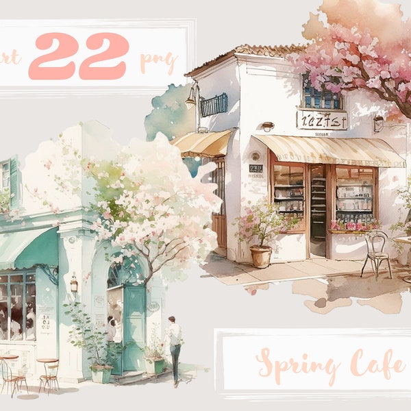 Spring Coffee shop clipart, cafe clip art, png. Digital watercolor. Free commercial use, scrapbooking. Romantic french cafe illustration.