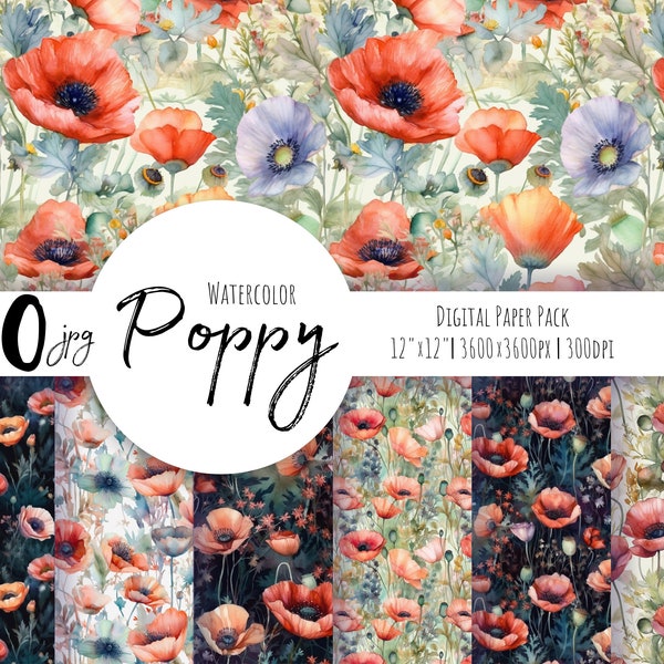 Poppy Digital Paper, Floral Digital Paper, seamless pattern, flower pattern. Floral clipart. Watercolor digital paper Free commercial use