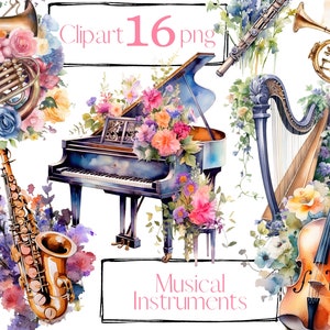 Floral Musical Instruments clipart, music clipart. Vintage clipart, retro, boho. png.  Scrapbooking. Digital watercolor. Free commercial use