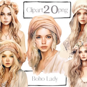 Boho lady clipart, boho vrouw clipart, meisje verjaardag, vintage clipart, png, commercieel gebruik. Digitale aquarel. Plakboek, Junk Journal