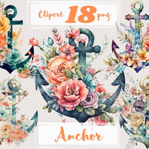 Anker clipart, anker in bloemen, nautische clipart. Zee-illustraties, png. Sealife, vissen, onderwater. Digitale aquarel. Gratis commercieel gebruik.