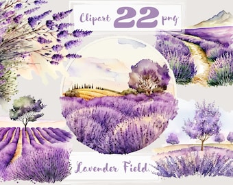 Akvarell lavendelfält Clipart, Provence sommarblommor (digital nedladdning)