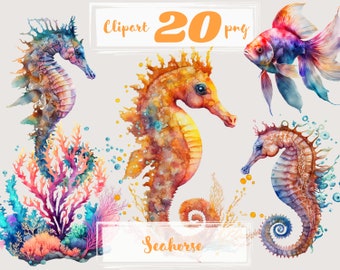 Seahorse Clipart, Nautical Clipart. Ocean Animal. Sea animals clip art, png. Sealife, coral, fish. Digital watercolor. Free commercial use.