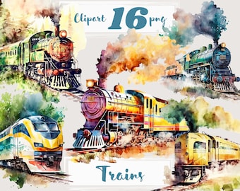 Watercolor Retro Train Clipart, Vintage PNG Graphics (Digital Download)