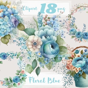 Blauwe bloemen clipart, krans illustraties, bloem frame, boho boeketten clipart, bruiloft uitnodiging. PNG. Digitale aquarel. Gratis commercieel gebruik
