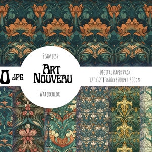 Art Nouveau Digital Paper, Geometryczny papier cyfrowy, bezszwowy wzór. Clipart vintage, retro. Papier cyfrowy akwarelowy, Bezpłatne wykorzystanie komercyjne