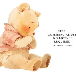 May include: A watercolor illustration of Winnie the Pooh, a cartoon bear, sitting with his paws covering his chest. He is wearing a pink and white plaid shirt. The text "FREE COMMERCIAL USE NO LICENSE REQUIRED! UNLIMITED COPIES" is in the background.