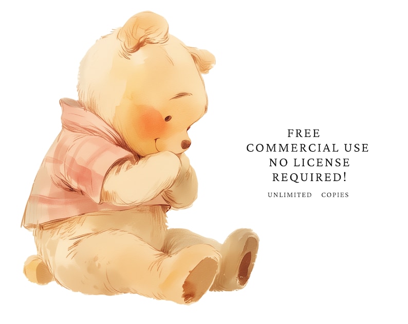 May include: A watercolor illustration of Winnie the Pooh, a cartoon bear, sitting with his paws covering his chest. He is wearing a pink and white plaid shirt. The text "FREE COMMERCIAL USE NO LICENSE REQUIRED! UNLIMITED COPIES" is in the background.