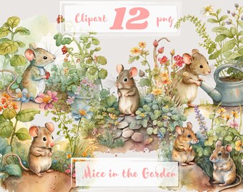 Watercolor Mice Clipart, Garden Nursery Illustration (Digital Download)