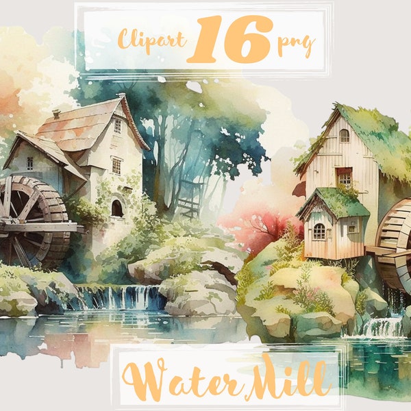 Mill clipart, png. Watermill clipart. Village house clipart. Cottage. Scrapbooking Digital watercolor. Free commercial use. Magic landscape