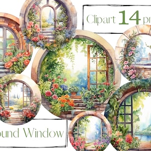 Venster clipart, ronde Windows illustraties, png. Digitale aquarel. Gratis commercieel gebruik, scrapbooking. Lente, zomer bloemen illustratie.