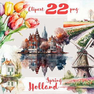Holland Clipart, Nederland clip art, tulp clipart, Romantisch, Europa, Reizen, Kanaal, Molen. png. Digitale aquarel. Gratis commercieel gebruik.