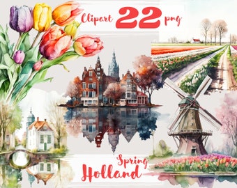 Holland Clipart, Netherlands clip art, tulip clipart ,Romantic, Europe, Travel, Canal, Mill. png. Digital watercolor. Free commercial use.