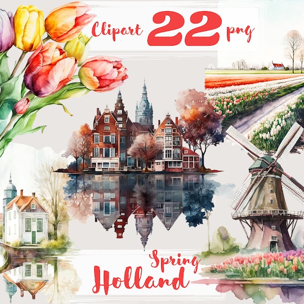 Imágenes prediseñadas de Holanda, imágenes prediseñadas de Holanda, imágenes prediseñadas de tulipán, romántico, Europa, viajes, canal, molino. png. Acuarela digital. Uso comercial gratuito.