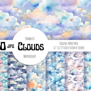 Wolken digitaal papier, naadloos patroon, hemelpatroon. Maan clipart, blauw kinderkamer papier. Aquarel digitaal papier Gratis commercieel gebruik