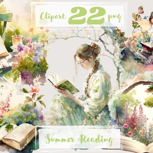 Summer reading clipart, Book clipart, books bundle, garden clipart, old books. Scrapbooking. Digital watercolor. png. Free commercial use.