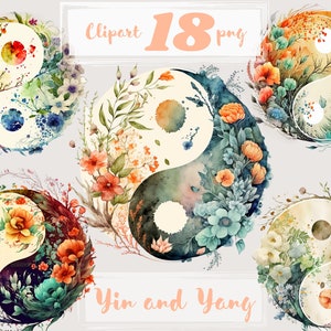 Yin und Yang Clipart, Blumen Clipart, chinesisches philosophisches Konzept, Boho Clipart, Hochzeit PNG. Digitales Aquarell. Kostenlose kommerzielle Nutzung