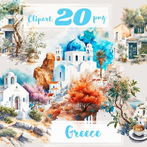 Griechenland Clipart, Cafe Clip Art, png. Digitales Aquarell. Kostenlose kommerzielle Nutzung, Scrapbooking. Romantische Griechenland Café Illustration. Urlaub.
