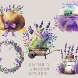 Puede incluir: Ilustraciones de acuarela de flores de lavanda en varios arreglos. Una corona de lavanda, un ramo de lavanda en una carretilla, un frasco de lavanda, un sombrero con detalles de lavanda y una escena de paisaje de un campo de lavanda.
