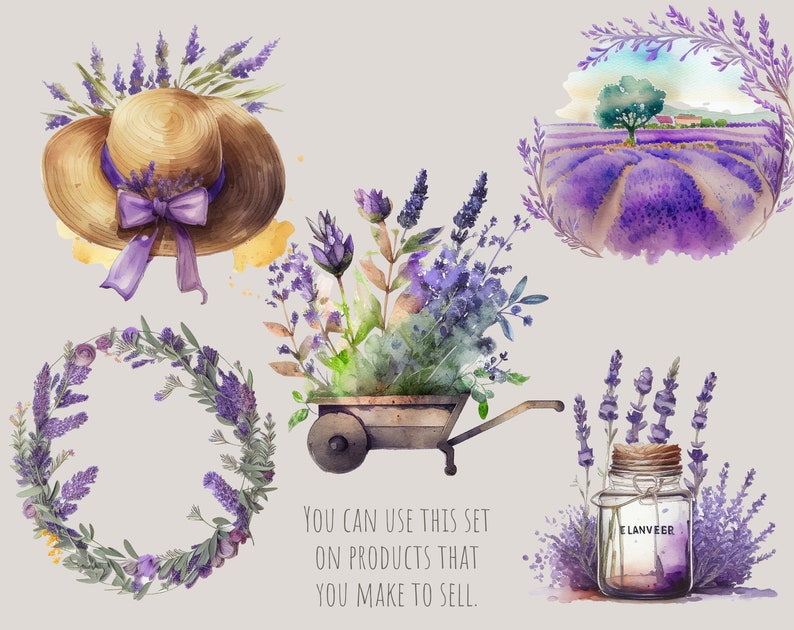 Puede incluir: Ilustraciones de acuarela de flores de lavanda en varios arreglos. Una corona de lavanda, un ramo de lavanda en una carretilla, un frasco de lavanda, un sombrero con detalles de lavanda y una escena de paisaje de un campo de lavanda.