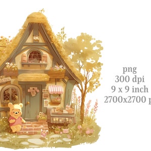 May include: A whimsical cottage with a thatched roof and a small shop front. The cottage is surrounded by lush greenery and flowers. A Winnie the Pooh character stands on the steps of the cottage.
