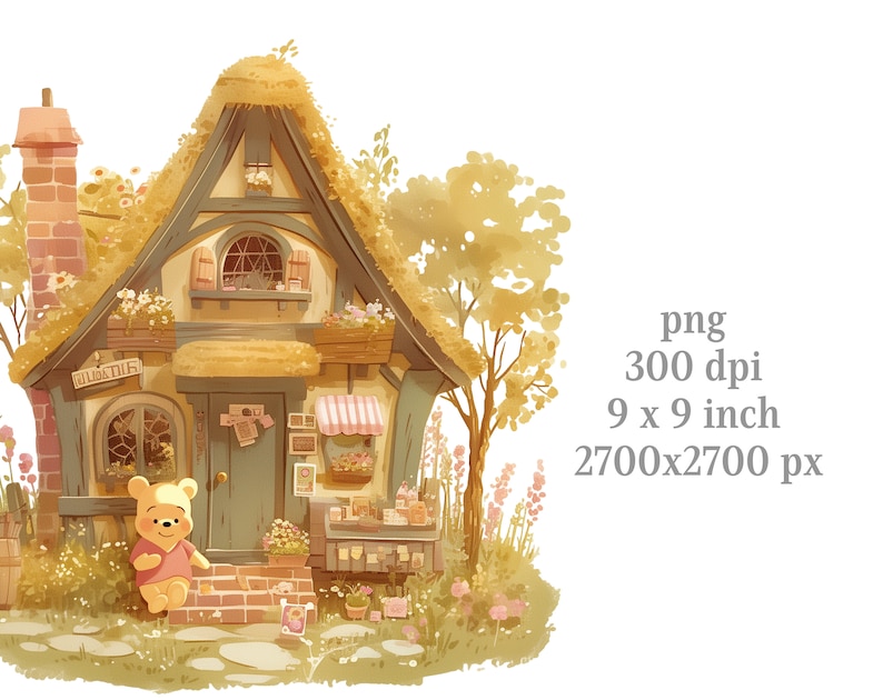 May include: A whimsical cottage with a thatched roof and a small shop front. The cottage is surrounded by lush greenery and flowers. A Winnie the Pooh character stands on the steps of the cottage.