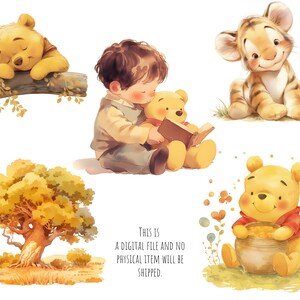 May include: A digital illustration set featuring Winnie the Pooh and friends. The set includes a sleeping Winnie the Pooh, a boy reading to Winnie the Pooh, a tiger, and two Winnie the Pooh characters holding honey pots. The illustrations are done in a watercolor style with soft colors and a whimsical feel.