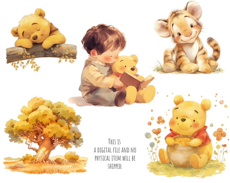 May include: A digital illustration set featuring Winnie the Pooh and friends. The set includes a sleeping Winnie the Pooh, a boy reading to Winnie the Pooh, a tiger, and two Winnie the Pooh characters holding honey pots. The illustrations are done in a watercolor style with soft colors and a whimsical feel.