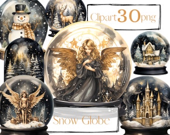 Gold and Black Christmas clipart. Christmas Snow Globe clipart, Ornamental clipart. Junk Journal. PNG. Watercolor clipart. Commercial use