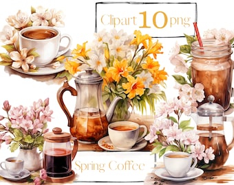 Spring Coffee clipart, cafe clip art, png. Digital watercolor. Free commercial use, scrapbooking. Romantic french cafe illustration.